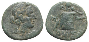 obverse: Pontos, Amisos, time of Mithradates VI, c. 85-65 BC. Æ (21mm, 7.47g, 12h). Head of Dionysos r., wearing wreath of ivy. R/ Panther skin and thyrsos on cista mystica; monogram to l. RG 24; SNG BM Black Sea 1202-4; HGC 7, 243. Green patina, near VF