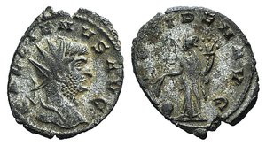 obverse: Gallienus (253-268). AR Antoninianus (21mm, 3.52g, 6h). Siscia. Radiate head r. R/ Providentia standing l., holding sceptre and baton over globe to l. RIC V 580; RSC 872. Near VF