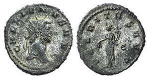 obverse: Gallienus (253-268). Antoninianus (22mm, 3.48g, 12h). Siscia, 260-8. Radiate and laureate head r. R/ Uberitas, standing l., holding a bunch of grapes and cornucopia. RIC V 585. VF