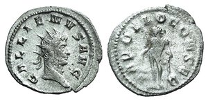obverse: Gallienus (253-268). Antoninianus (23mm, 2.61g, 6h). Mediolanum, AD 261. Radiate head r. R/ Apollo standing l., holding branch and drapery. RIC V 468. Good Fine