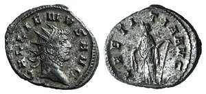 obverse: Gallienus (253-268). Antoninianus (21mm, 4.09g, 6h). Mediolanum, AD 263. Radiate head r. R/ Laetitia standing l., holding wreath and anchor. RIC V 489. Silvered, VF