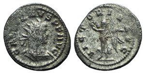 obverse: Gallienus (253-268). Antoninianus (23mm, 4.40g, 12h). Antioch, AD 260-4. Radiate and cuirassed bust r. R/ Victory advancing l., holding wreath and palm frond. RIC V 663 var. (obv. legend); MIR 36, 1615b; RSC 1098c. Good Fine
