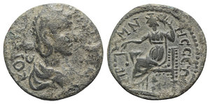 obverse: Salonina (Augusta, 254-268). Phrygia, Prymnessus. Æ (28mm, 11.30g, 6h). Draped bust r. R/ Dikaiosyne seated l., holding scales in r. hand, corn-ears and poppy in l. BMC 38. Green patina, Good Fine / VF