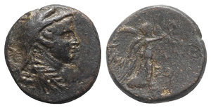 obverse: Pontos, Amisos, time of Mithradates VI, c. 85-65 BC. Æ (20mm, 7.30g, 11h). Bust of Amazon r., wearing wolf s scalp. R/ Nike walking r., holding wreath in r. hand, palm over l. shoulder. SNG BM Black Sea 1218-9; SNG Stancomb 704; SNG Copenhagen 165. Brown patina, Good Fine