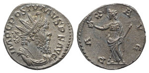 obverse: Postumus (260-269). AR Antoninianus (19mm, 4.19g, 12h). Treveri, AD 268. Radiate, draped and cuiarassed bust r. R/ Pax standing l., holding branch and sceptre. RIC V 318; RSC 215b. Toned, EF