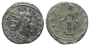 obverse: Claudius II (268-270). Radiate (19mm, 4.37g, 6h). Cyzicus. Radiate, draped and cuirassed bust r. R/ Fortuna standing l., holding rudder and cornucopia; SPQR. RIC V 234. Some silvering, Good VF