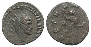 obverse: Quintillus (AD 270). Radiate (19.5mm, 3.13g, 12h). Rome. Radiate, draped and cuirassed bust r. R/ Sol standing l., raising r. hand and holding a globe; N to l. RIC V 7. Near VF
