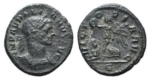 obverse: Aurelian (270-275). Æ Denarius (18mm, 2.11g, 6h). Rome, AD 275. Laureate and cuirassed bust r. R/ Victory advancing l., holding palm and wreath; bound captive to l.; E. RIC V 73. Good Fine