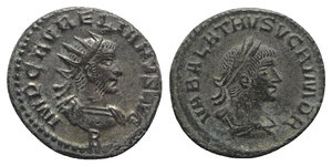 obverse: Aurelian and Vabalathus (270-275). Radiate (20mm, 3.93g, 12h). Antioch, 270-2. Radiate and cuirassed bust of Aurelian r.; B below. R/ Laureate, draped and cuirassed bust of Vaballathus r. RIC V 381. Silvered, VF - Good VF