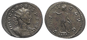 obverse: Probus (276-282). Radiate (23.5mm, 3.80g, 12h). Lugdunum, 278-9. Radiate and cuirassed bust r. R/ Virtus standing l. holding Victory and spear; shield on ground; IIII in exergue. RIC V 112. Silvered, VF