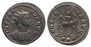 obverse: Probus (276-282). Radiate (23mm, 4.12g, 11h). Rome. Radiate and cuirassed bust r. R/ Probus on horseback l., r. hand raised and holding sceptre, spurning captive bound before; R-star-B. RIC V 160. Silvered, Good VF