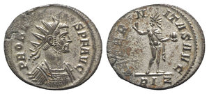 obverse: Probus (276-282). Radiate (22mm, 4.08g, 6h). Rome, AD 282. Radiate and cuirassed bust r. R/ Sol standing facing, head l., raising r. hand, holding globe in l.; RIZ. RIC V 168. Silvered, VF - Good VF