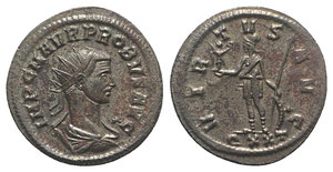 obverse: Probus (276-282). Radiate (23mm, 3.93g, 6h). Ticinum, AD 276. Radiate, draped and cuirassed bust r., seen from behind. R/ Virtus standing l., holding Victory, shield, and spear; QXXT. RIC V 435. Silvered, Good VF