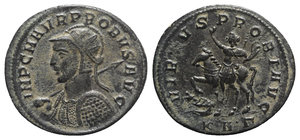 obverse: Probus (276-282). Radiate (24mm, 4.07g, 6h). Serdica, 277-280. Radiate, helmeted and cuirassed bust l., holding spear over shoulder and shield on arm. R/ Emperor on horseback l., extending arm in salute and holding sceptre; to l., captive seated l., looking r.; KA • Γ •. RIC V 888. Green patina, VF - Good VF