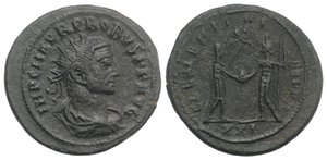 obverse: Probus (276-282). Radiate (23mm, 4.42g, 12h). Tripolis, AD 276. Radiate, draped and cuirassed bust r. R/ Emperor standing r., holding sceptre surmounted by wreath, receiving globe from Jupiter standing l. holding sceptre; XXI. RIC V 927. Near VF