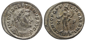 obverse: Diocletian (284-305). Æ Follis (30mm, 10.51g, 6h). Treveri, c. 302-3. Laureate and cuirassed bust r. R/ Genius standing l., holding patera and cornucopia; S-F//IITR. RIC VI 524a. Silvered, Good VF