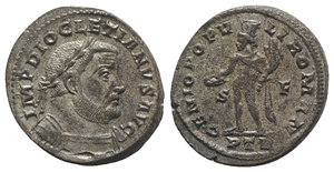 obverse: Diocletian (284-305). Æ Follis (29mm, 10.67g, 12h). Treveri, c. 303-305. Laureate and cuirassed bust r. R/ Genius standing l., head towered, holding patera and cornucopiae; S-F/PTR. RIC VI 582a. Silvered, VF