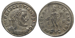 obverse: Diocletian (284-305). Æ Follis (27mm, 10.69g, 6h). Treveri, c. 303-305. Laureate and cuirassed bust r. R/ Genius standing l., head towered, holding patera and cornucopiae; S-F/PTR. RIC VI 582a. Silvered, VF