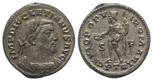 obverse: Diocletian (284-305). Æ Follis (28mm, 9.83g, 6h). Treveri, c. 303-305. Laureate and cuirassed bust r. R/ Genius standing l., head towered, holding patera and cornucopiae; S-F/PTR. RIC VI 582a. Silvered, VF