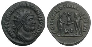 obverse: Diocletian (284-305). Radiate (21.5mm, 2.90g, 12h). Cyzicus, 295-9. Radiate, draped and cuirassed bust r. R/ Emperor standing r., holding sceptre and receiving Victory on globe from Jupiter standing l., holding sceptre; KΓ. RIC VI 15A. VF