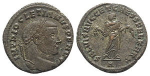 obverse: Diocletian (284-305). Æ Follis (27mm, 9.93g, 6h). Carthage, c. 299-303. Laureate head r. R/ Carthage standing facing, holding fruits in both hands; A in exergue. RIC VI 31a. Some silvering, VF