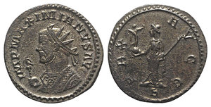 obverse: Maximianus (286-305). Radiate (23mm, 4.80g, 6h). Lugdunum, 290-1. Radiate and mantled bust l., holding eagle-tipped sceptre. R/ Pax standing l., holding Victory on globe and sceptre; B in exergue. RIC V 399. Silvered, VF
