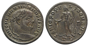 obverse: Maximianus (286-305). Æ Follis (27mm, 9.85g, 6h). Thessalonica, c. 302-3. Laureate head r. R/ Genius standing l., holding patera and cornucopia; Γ//TS. RIC VI 23b. Silvering, VF