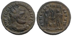 obverse: Maximianus (286-305). Æ Radiate (21mm, 2.28g, 12h). Cyzicus, 295-9. Radiate, draped and cuirassed bust r. R/ Jupiter presenting Victory on globe to Maximianus; KB below. RIC VI 16b. VF