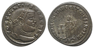 obverse: Constantius I (Caesar, 293-305). Æ Follis (28mm, 11.62g, 12h). Ticinum, 300-3. Laureate head r. R/ Moneta standing l., holding scales and cornucopia; ST•. RIC VI 46a. Some silvering, Good VF