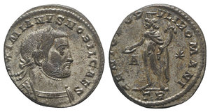 obverse: Galerius (Caesar, 293-305). Æ Follis (28mm, 10.54g, 6h). Treveri, 298-9. Laureate and cuirassed bust r. R/ Genius standing l., wearing modius on head, chlamys on over shoulder, holding patera and cornucopia; A-star//TR. RIC VI 344b. Silvered, VF - Good VF