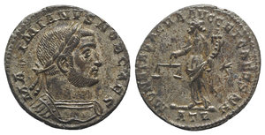 obverse: Galerius (Caesar, 293-305). Æ Follis (28mm, 9.40g, 12h). Treveri, 300-1. Laureate and cuirassed bust r. R/ Moneta standing l., holding scales and cornucopiae; star/ATR. RIC VI 488b. Silvered, VF