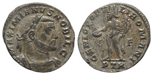 obverse: Galerius (Caesar, 293-305). Æ Follis (27mm, 8.60g, 6h). Treveri, 303-5. Laureate and cuirassed bust r. R/ Genius standing facing, head l., holding patera and cornucopia; S-F//PTR. RIC VI 594b. Silvered, VF