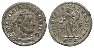 obverse: Galerius (Caesar, 293-305). Æ Follis (28mm, 13.12g, 6h). Treveri, 303-5. Laureate and cuirassed bust r. R/ Genius standing facing, head l., holding patera and cornucopia; S-F//PTR. RIC VI 594b. Silvered, VF