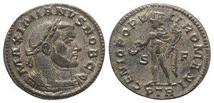 obverse: Galerius (Caesar, 293-305). Æ Follis (28mm, 9.12g, 6h). Treveri, 303-5. Laureate and cuirassed bust r., slight drapery. R/ Genius standing l., holding patera and cornucopia; S-F//PTR. RIC VI 602b. Silvered, VF