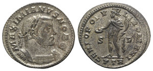 obverse: Galerius (Caesar, 293-305). Æ Follis (29mm, 9.66g, 6h). Treveri, 303-5. Laureate and cuirassed bust r., slight drapery. R/ Genius standing l., holding patera and cornucopia; S-F//PTR. RIC VI 602b. Silvered, VF