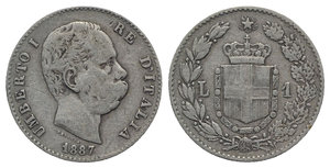 obverse: Italy, Regno d Italia. Umberto I (1878-1900). 1 Lira 1887 (23mm, 4.88g, 6h). Pagani 604. Hairlines, near VF