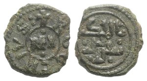 obverse: Italy, Sicily, Messina. Tancredi and Ruggero (1089-1194). Æ Follaro (12mm, 1.98g, 12h). REX within circle and Kufic legend. R/ Kufic legend. Spahr 139; MIR 45. VF