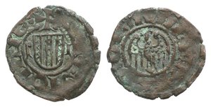 obverse: Italy, Sicily, Messina. Alfonso I d’Aragona (1416-1458). BI Denaro (13.5mm, 0.68g, 12h). Arms. R/ Eagle. Spahr 38-9. VF