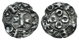 obverse: France, Melgueil. Uncertain Count or Bishop, 13th century. BI Obol (16mm, 0.97g). Maguelonne. Cross with crossbars composed of episcopal mitres; pellet in first quarter. R/ Four annulets in cruciform pattern around central pellet. Poey d Avant 3843; Roberts 4336. Holed, otherwise VF