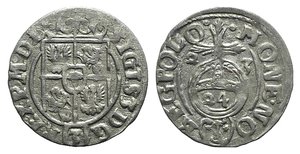 obverse: Poland, Sigismund III (1587-1632). AR 3 Polker 1622 (18mm, 1.13g, 9h). Crowned arms. R/ Globus cruciger. KM 41. VF 