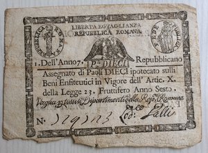 obverse: Italy, Rome (Roma). Prima Repubblica Romana 10 Paoli Anno VI (1798)