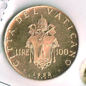 reverse: CITTÀ DEL VATICANO - Pio XII (1939-1958) - 100 Lire 1958 Anno XX - Eccezionale. CITTÀ DEL VATICANO - Pio XII (1939-1958) - 100 Lire 1958 FDC 