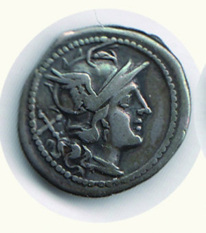 obverse: ROMA - Repubblica - Anonime con simboli (211-170 a.C.) - Denario; D/ Testa elmata di Roma a d.; R/ Dioscuri a cavallo - Simbolo: cane - Varesi 29. ROMA - Repubblica - Anonime - Denario NC - Ar - BB+ 
