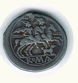 reverse: ROMA - Repubblica - Anonime con simboli (211-170 a.C.) - Denario; D/ Testa elmata di Roma a d.; R/ Dioscuri a cavallo - Simbolo: cane - Varesi 29. ROMA - Repubblica - Anonime - Denario NC - Ar - BB+ 