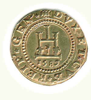 obverse: GENOVA - Dogi Biennali (1528-1797) - Doppia 1589; D/ Castello, sotto, 1589; R/ Croce fogliata - Peso g. 6,7 - Lun. 209. GENOVA - Dogi Biennali - Doppia 1589 R - AU - BB+/q.SPL 