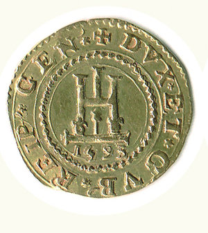 obverse: GENOVA - Dogi Biennali (1528-1797) - Doppia 1593; D/ Castello, sotto, 1593; R/ Croce fogliata - peso g. 6,7 - Lun. 209. GENOVA - Dogi Biennali - Doppia 1593 R - AU - BB++ 