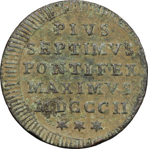 reverse: Roma.  Pio VII (1800-1823). 1/2 Baiocco 1802