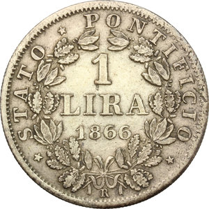 reverse: Roma.  Pio IX  (1846-1878). Lira 1866