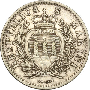 obverse: San Marino.  Prima Monetazione (1864-1906).. Lira 1906