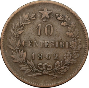 reverse: Vittorio Emanuele II  (1861-1878).. 10 centesimi 1862